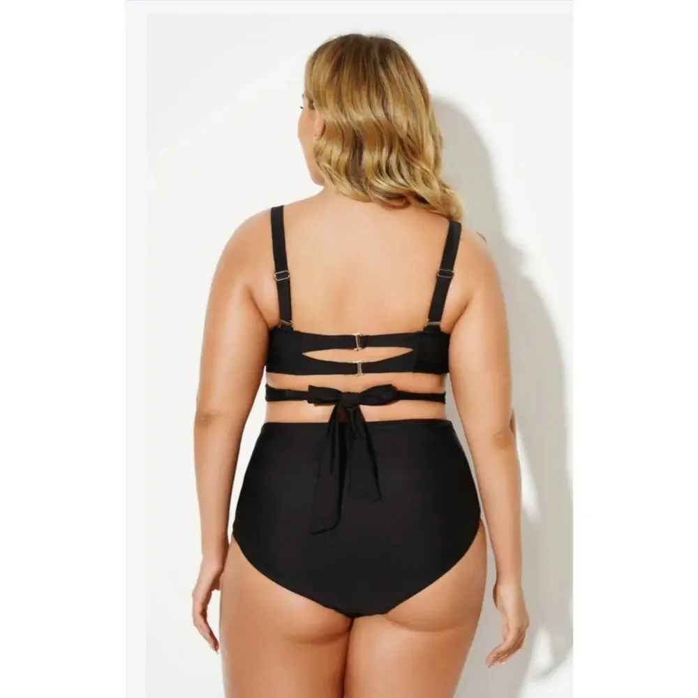 Swimsuits For All Black Wrap Adjustable Straps Underwire Plus Size 2X Bikini Set - Picture 2 of 8